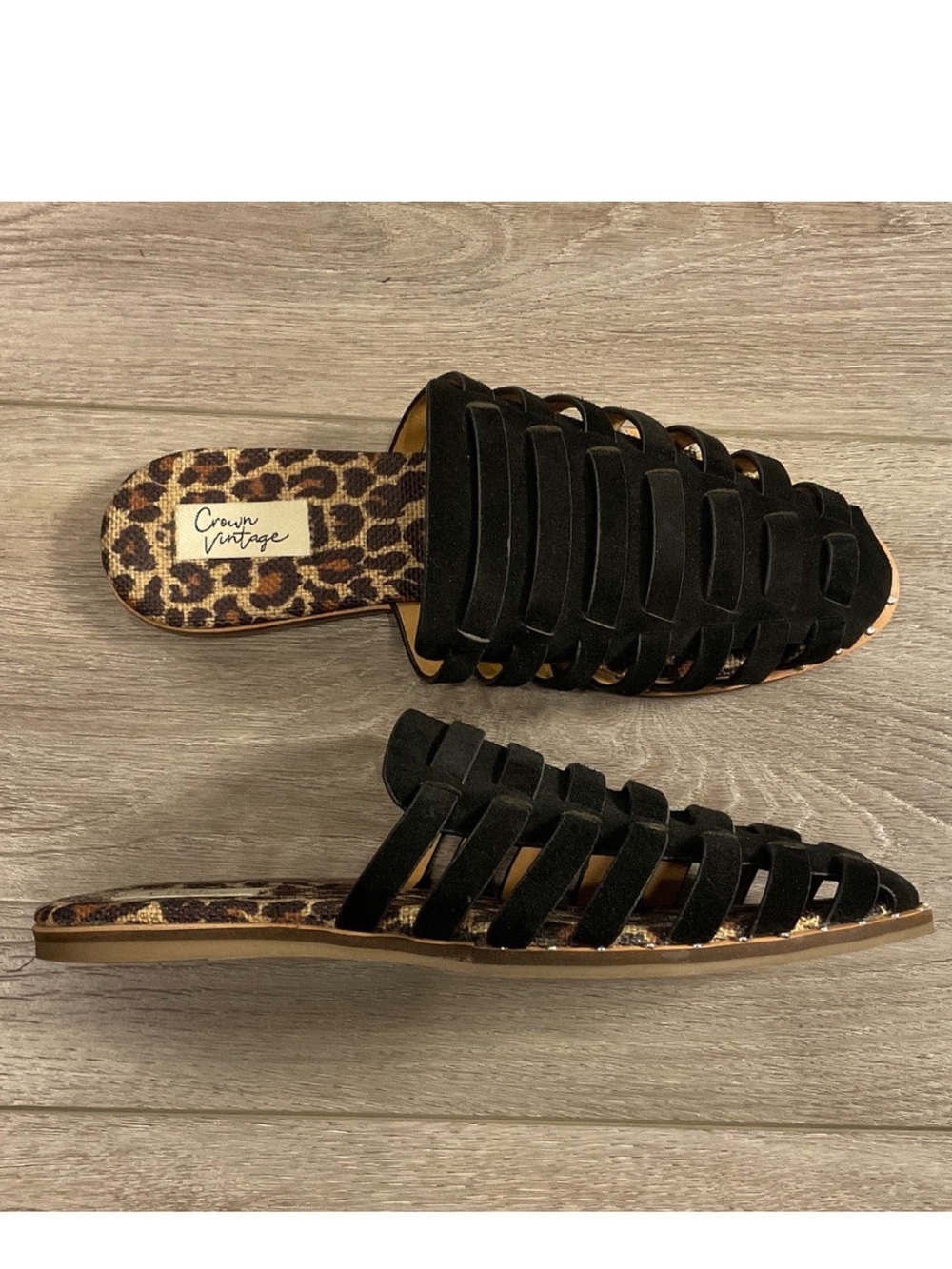 CROWN  VINTAGE Sandal Black Suede Upper Slip On Size 7.5